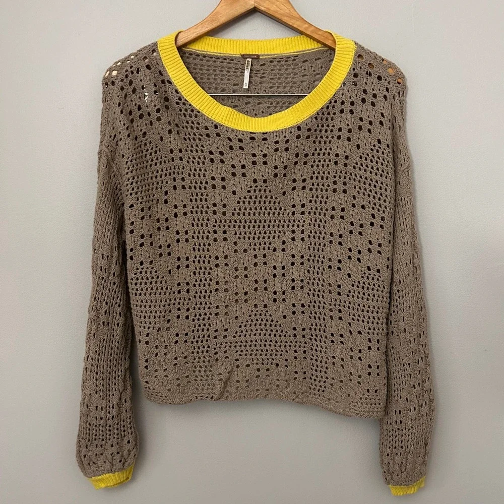 Free People Sweater Womens XS Taupe Yellow Home Run Crochet Knit Boho Open Weave